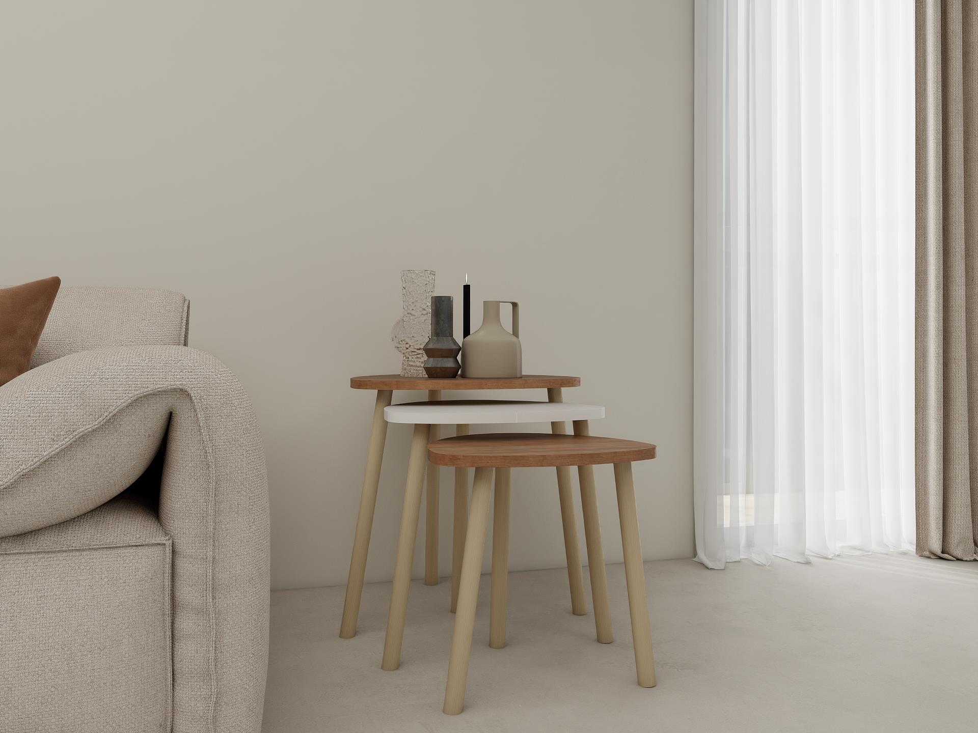 3lü Üçgen Zigon Sehpa Marbella Kiraz-Beyaz