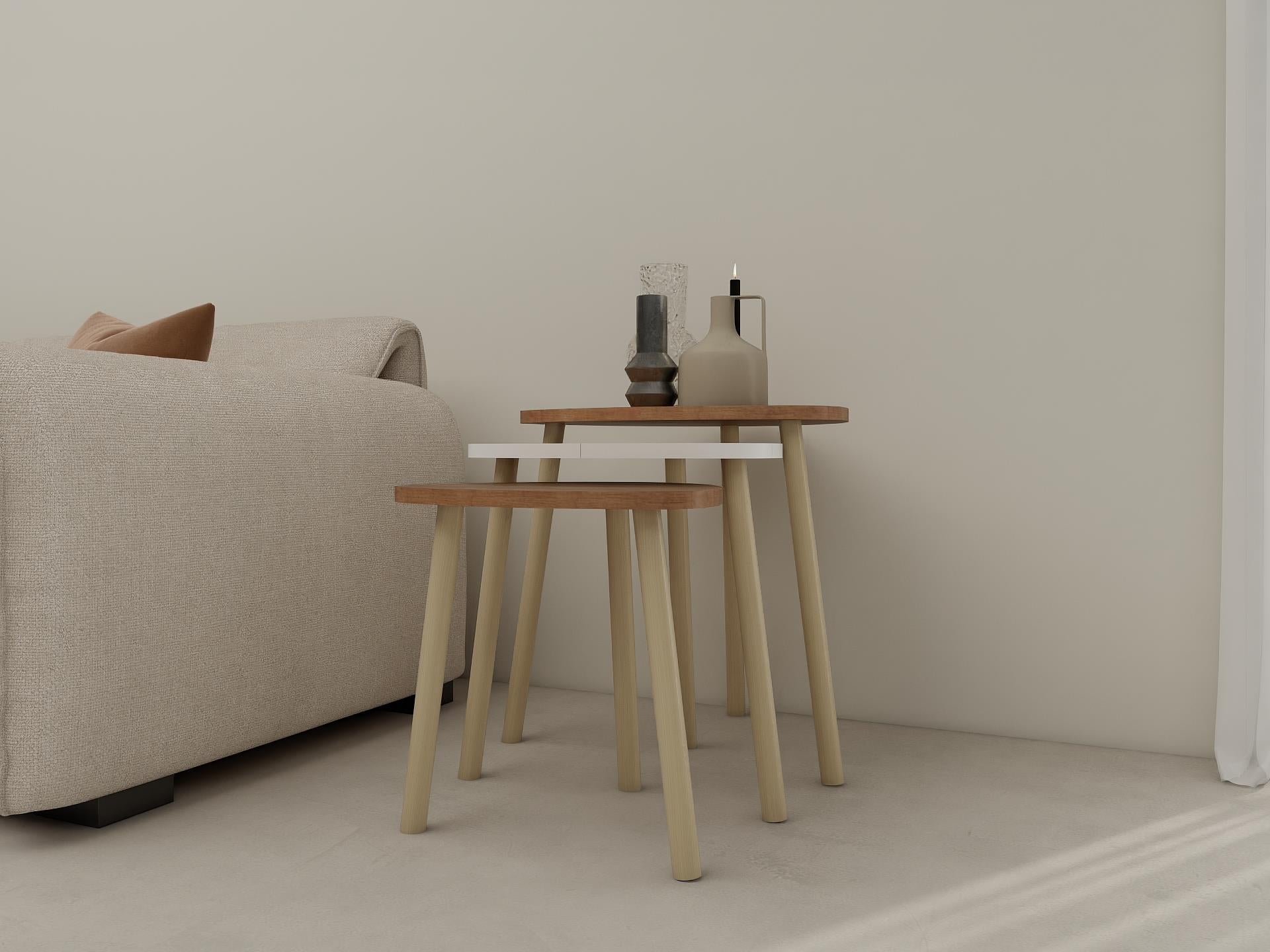 3lü Üçgen Zigon Sehpa Marbella Kiraz-Beyaz