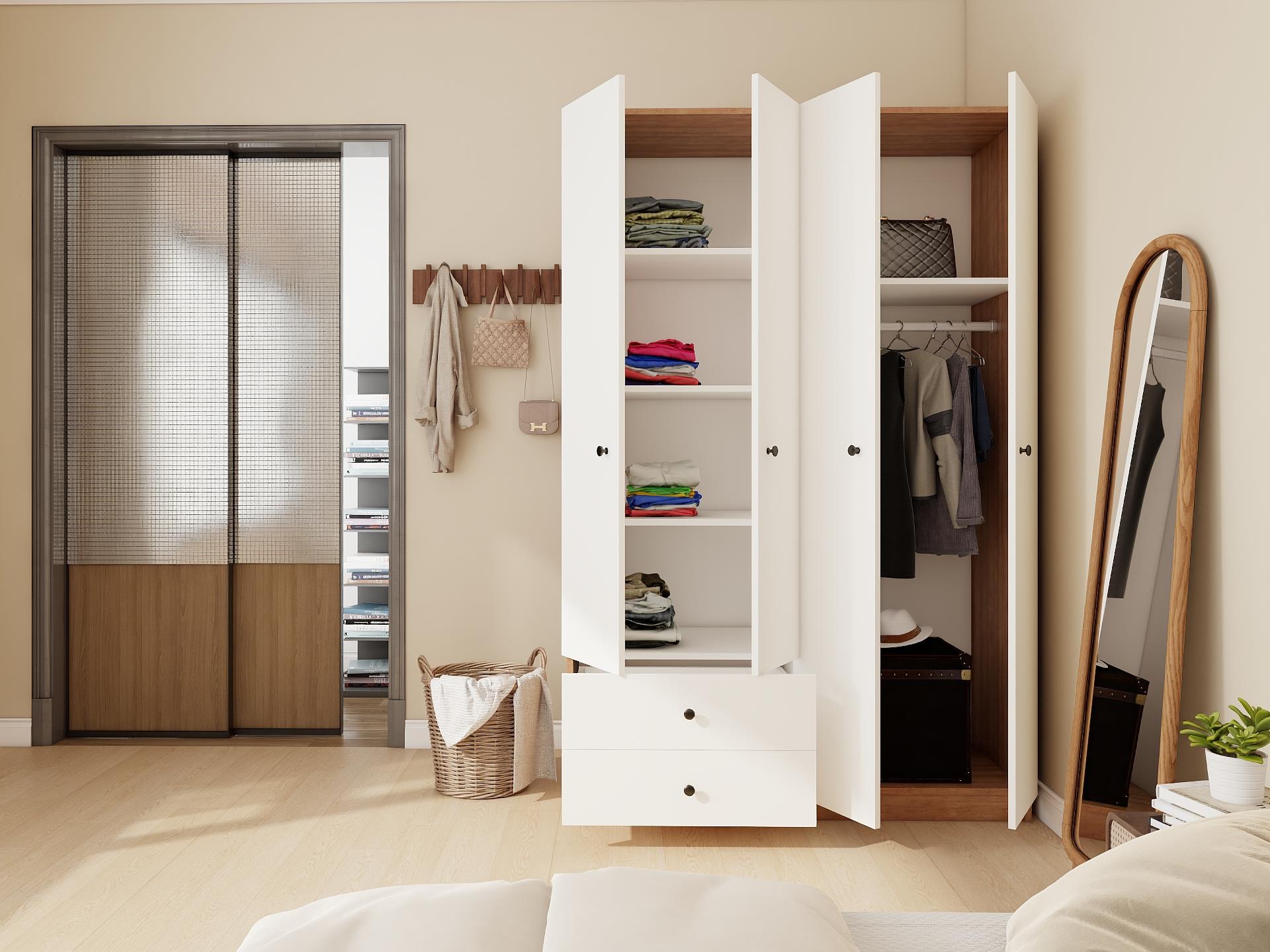 4 Kapaklı 2 Çekmeceli Gardırop MarbellaKiraz/Beyaz Renk