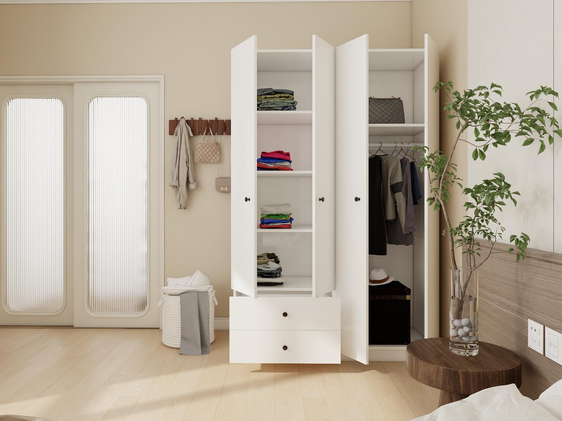 4 Kapaklı 2 Çekmeceli Gardırop Beyaz Renk