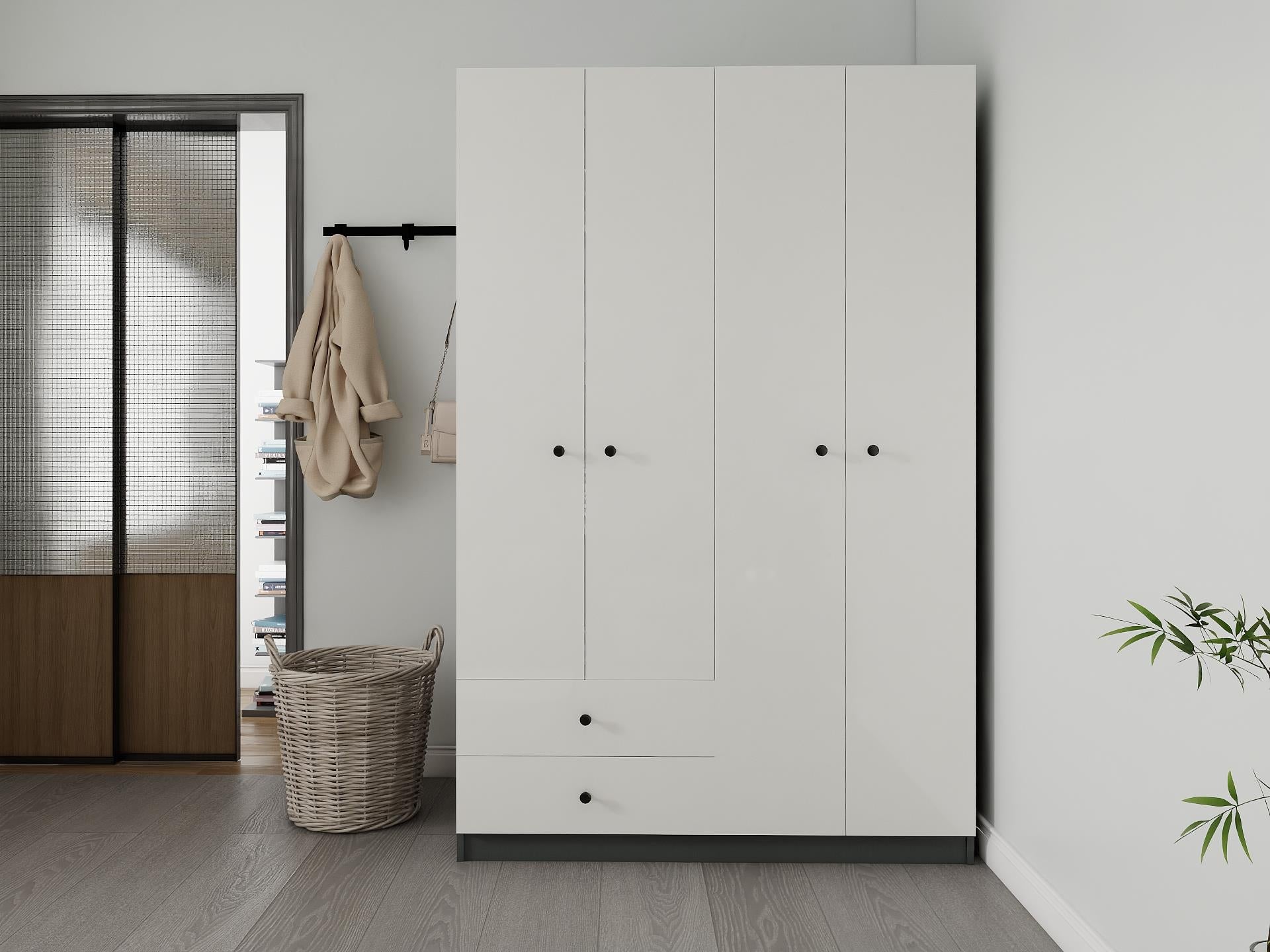 4 Kapaklı 2 Çekmeceli Gardırop Koyugri-Beyaz