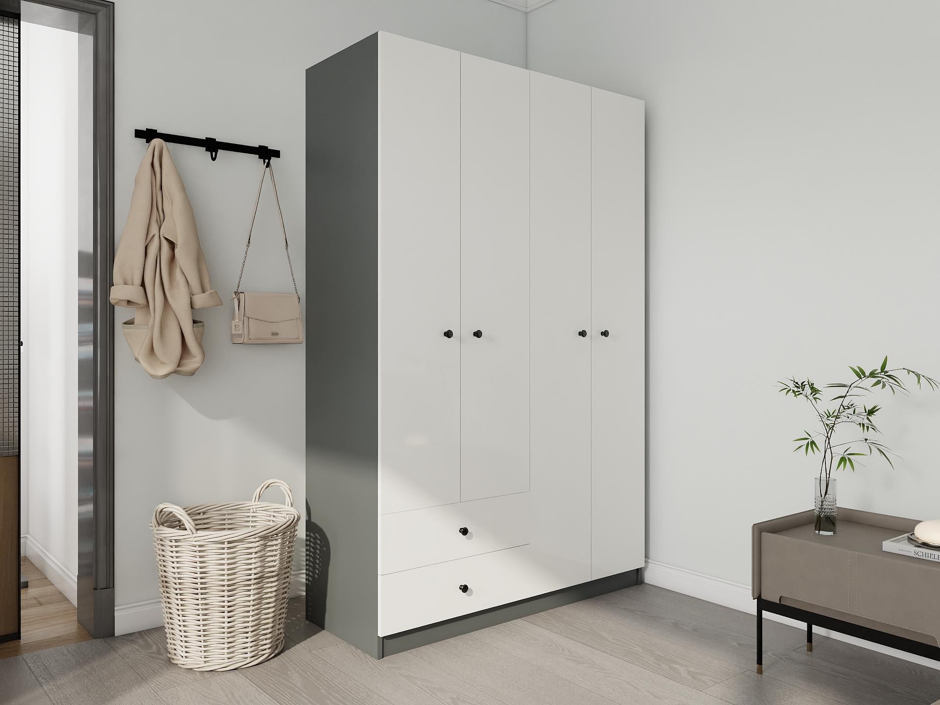 4 Kapaklı 2 Çekmeceli Gardırop Koyugri-Beyaz