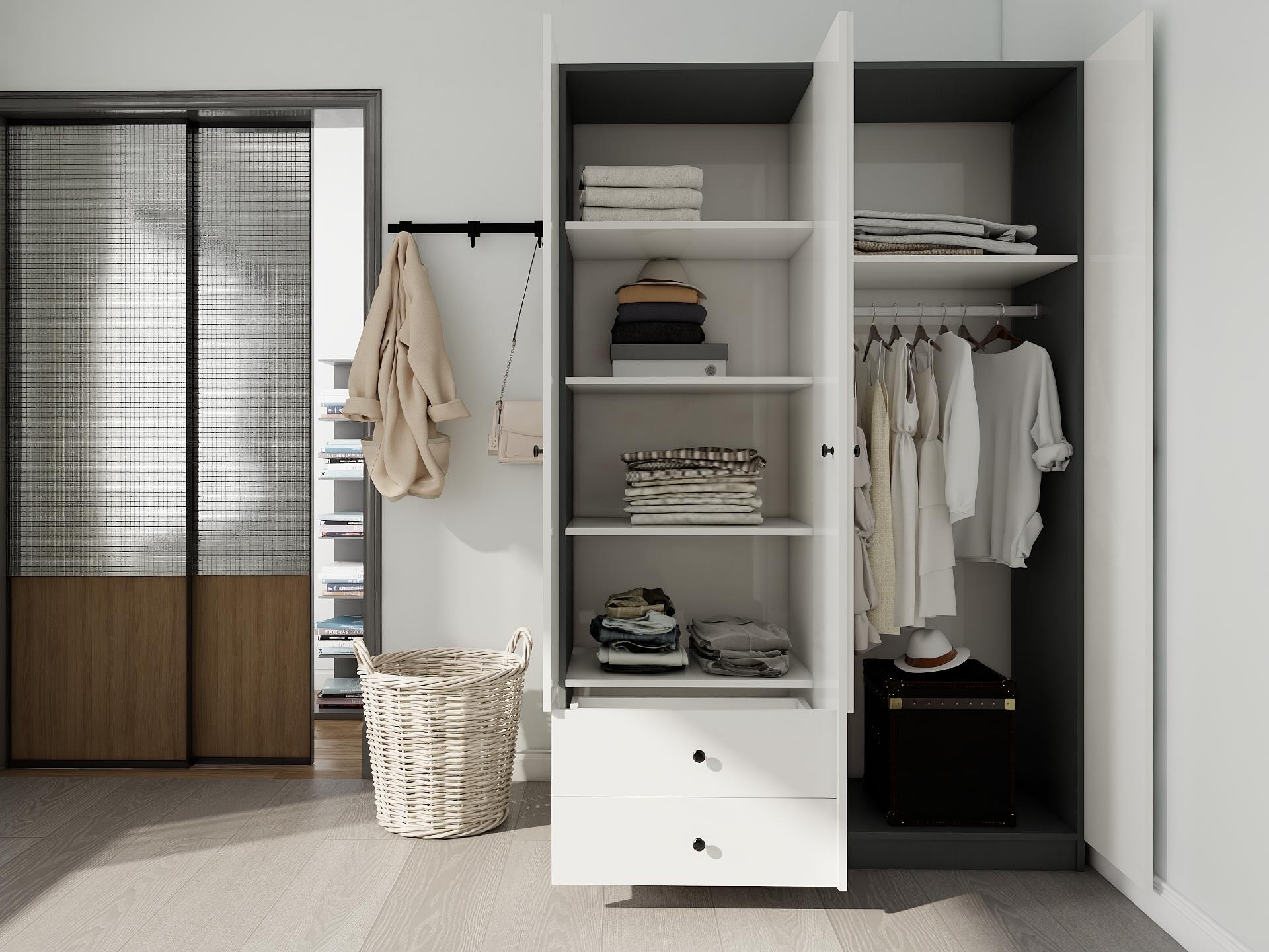 4 Kapaklı 2 Çekmeceli Gardırop Koyugri-Beyaz