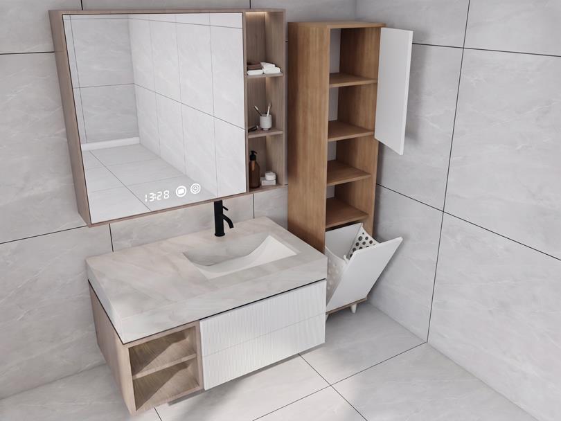 Riva Çamaşır Sepetli Banyo Dolabı Marbellakiraz Renk