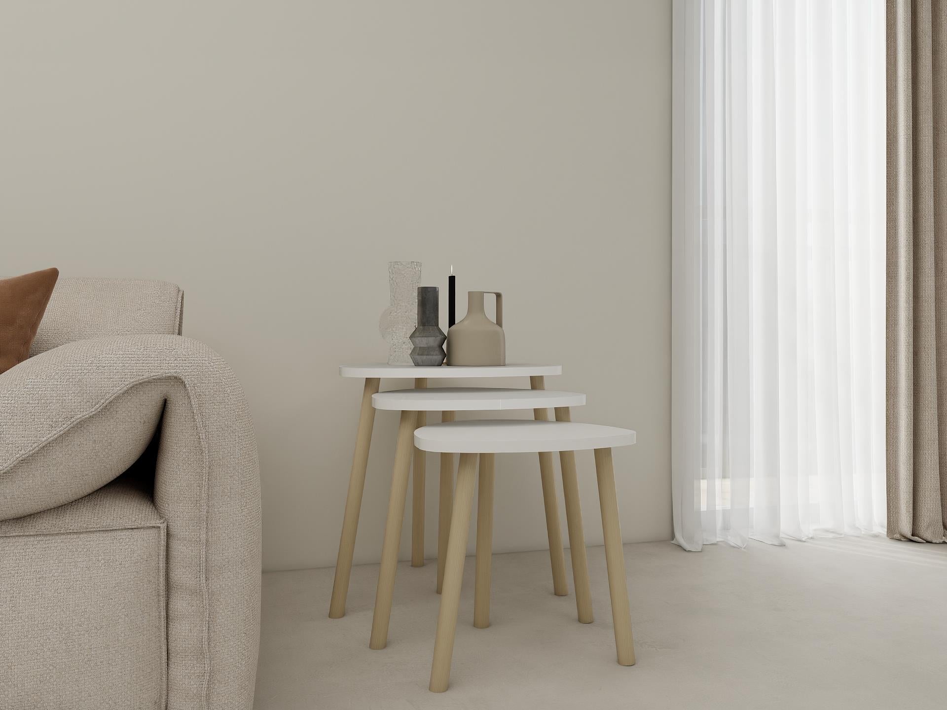 Üçlü Zigon İç İçe Geçmeli Sehpa Beyaz Renk